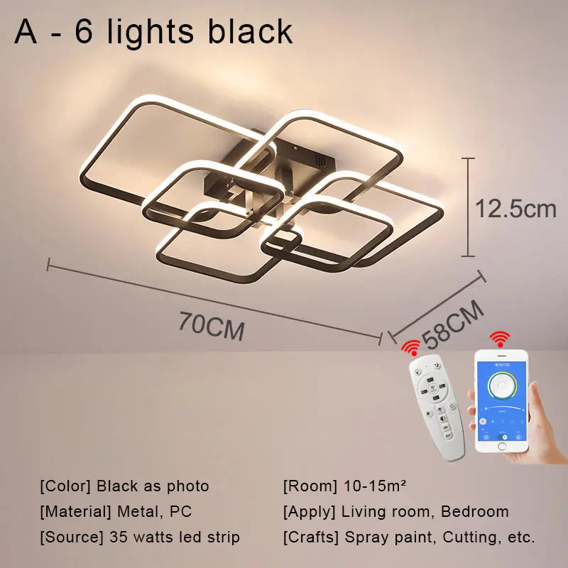 Modern Square LED Ceiling Chandelier with Remote Control Dimmable Light Fixture for Living Room Bedroom Dining Home Decor Lamp
