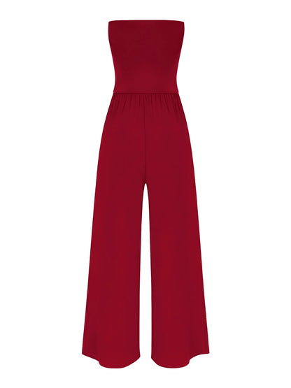 Women Strapless Jumpsuit Bandeau Elastic Bodice Sheer Floral Lace Patchwork Wide Leg Romper for Beach Vacation Party