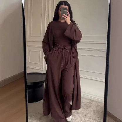 Women Cardigan Vest Wide Leg Pants 3 Piece Sets Top Long Coat Trousers Suit Office Lady Ensemble Spring Summer 2026 Outfits