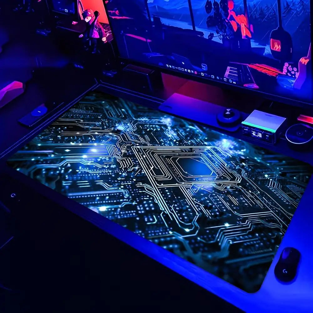 Large Gaming Mouse Pad Futuristic Tech Circuit Board Neon Chip XXL Non-Slip Rubber Keyboard Deskmat Electronic Office Table Mat