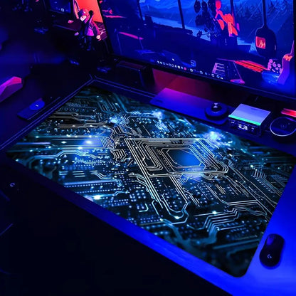 Large Gaming Mouse Pad Futuristic Tech Circuit Board Neon Chip XXL Non-Slip Rubber Keyboard Deskmat Electronic Office Table Mat