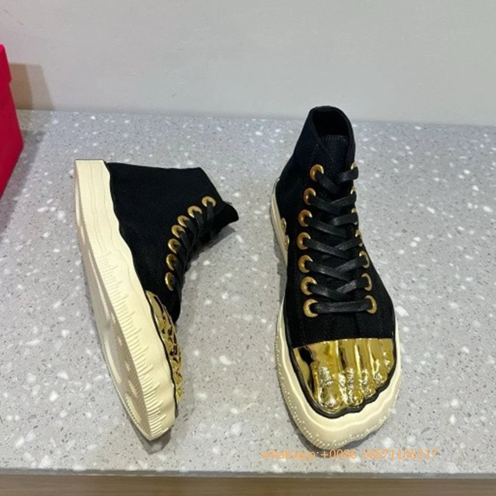 Golden Five Fingers Catwalk Ladies Shoes 2024 Summer New Sexy Street Thick Sole Sports Casual Pumps Model Party Lace Up Sneakers