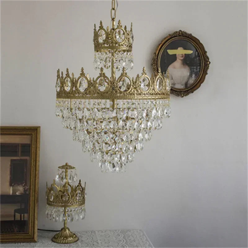 Modern Luxury Chandelier LED Crystal Vintage French Pendant Lamps for Living Dining Table Room Golden Crown Lighting Home Deocr
