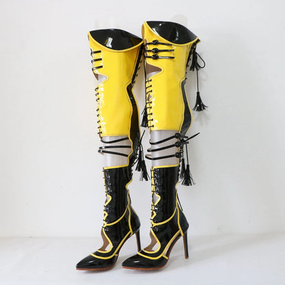 Sorbern Sexy Yellow Black Boots Women Over The Knee Lace Up Back Contrast Colors Pointed Toe Stilettos High Heels Custom Legs