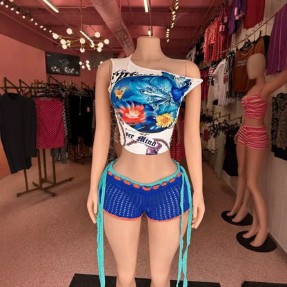Chic Floral Print One Shoulder Two Piece Set for Women, Cropped Top + Knit Drawstring Hot Shorts, Daily Street & Resort Outfit