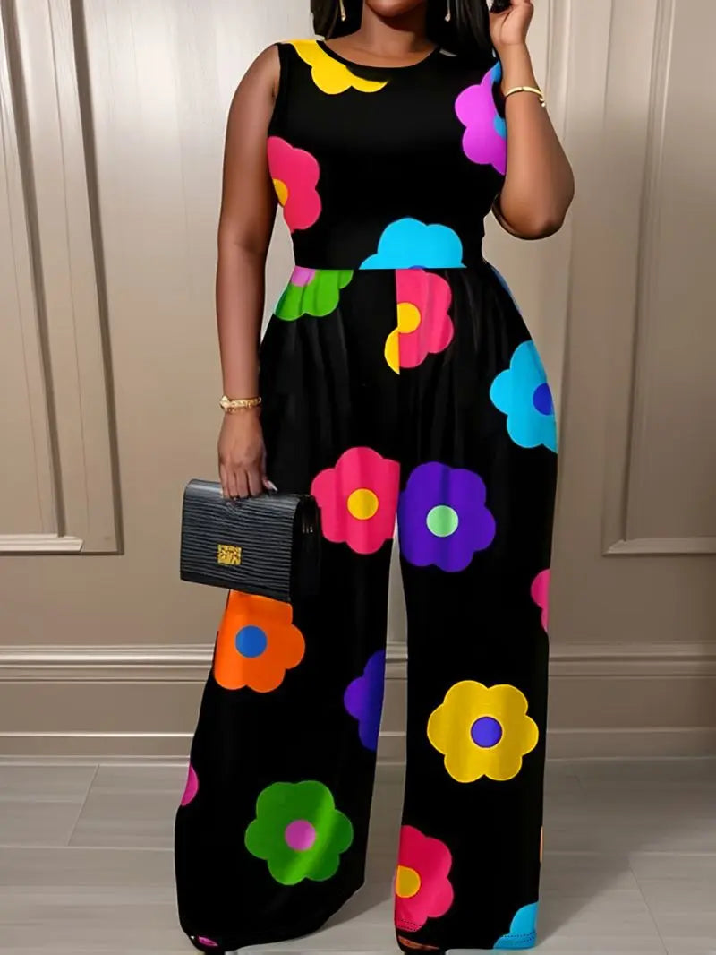 Round neck sleeveless jumpsuit with high waist and wide legs for slimming women's casual jumpsuit pants