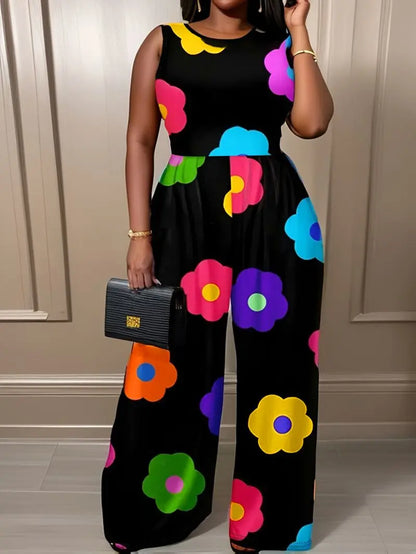 Round neck sleeveless jumpsuit with high waist and wide legs for slimming women's casual jumpsuit pants