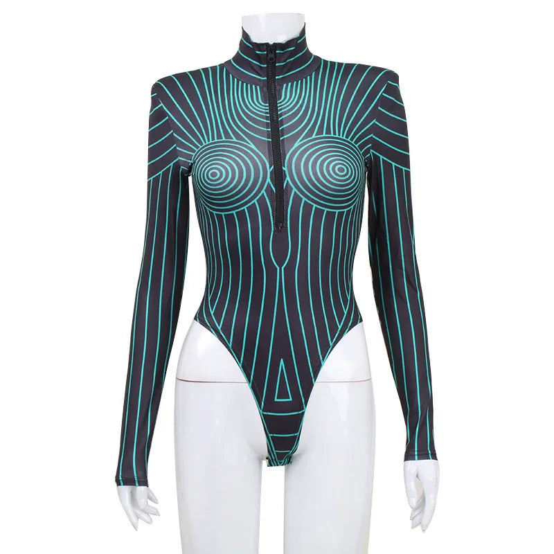 Art Irregular Lines Jumpsuit Women Slim Cosplay Party Catsuit Shapewear Bodysuit 2025 Fashion High Neck Long Sleeve Neon Outfits