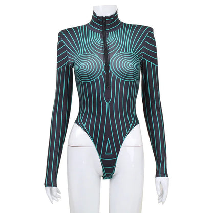 Art Irregular Lines Jumpsuit Women Slim Cosplay Party Catsuit Shapewear Bodysuit 2025 Fashion High Neck Long Sleeve Neon Outfits