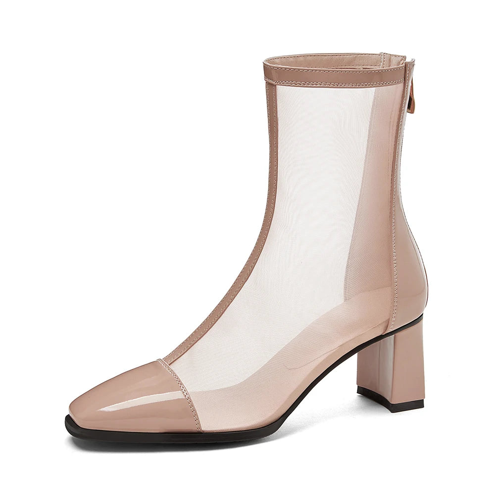 Sexy Air Mesh Zipper Female Boottes Summer Ponited Toe Ankle Boots Patchwork High Heesl Fashion Women Shoes Big Size 32-46