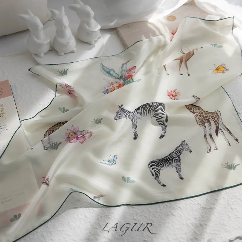 100% Mulberry Silk Square Scarf Women Animal Print Neck Scarf Soft Lightweight Neckerchief For Daily Office And Vacation Use