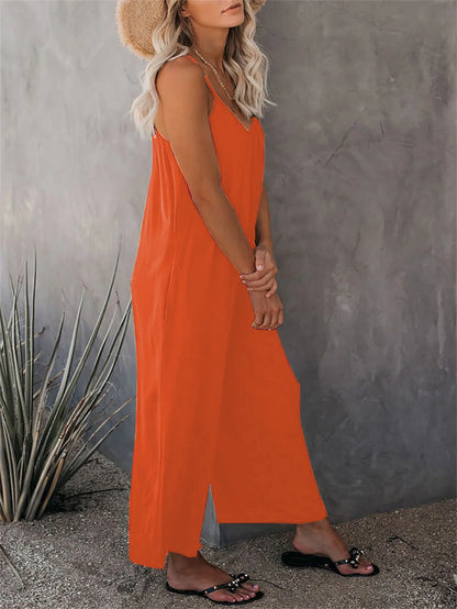 Strap jumpsuit for women's summer new cross-border solid color inserted bag casual jumpsuit