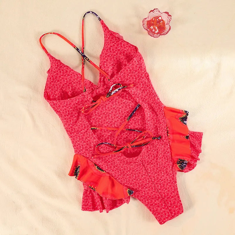 Miyouj Sexy One Piece Suits Print Swimwear For Women Ruffle Swimsuit Summer Beachwear String Bathing Suits Newest Swimsuits
