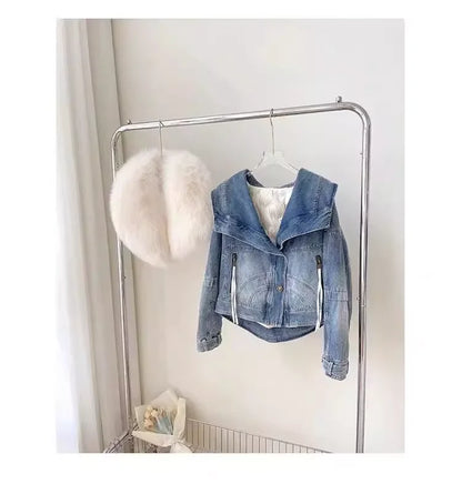 Winter Thickened Short Denim Jacket Fashion  Parkas Jeans Jacket Luxury Fur Coat Removable Fur Collar Cotton Jacket New