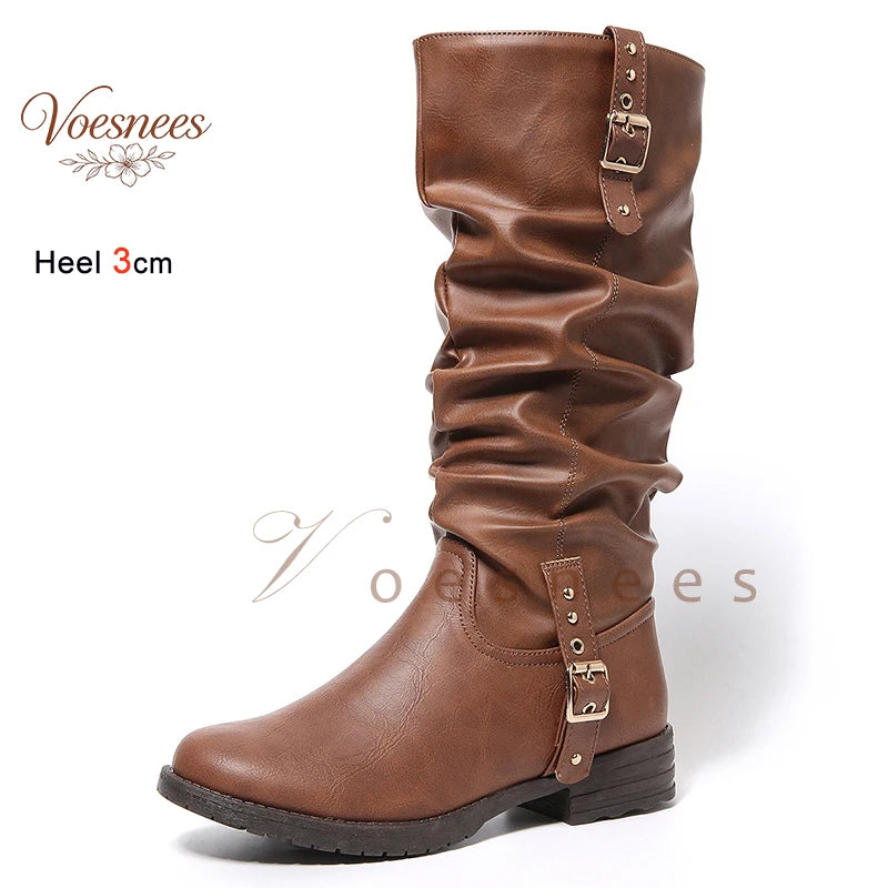 New Autumn Winter Vintage Women Knee High Boots Double Metal Buckle Thick Heels 3CM Knight Boots Casual Pull On Long Boots Shoes