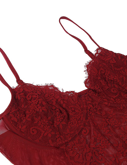 Comeondear Plus Size Crotch Open Bodysuits Red High Quality Lace Splicing Teddy With Underwire Sexy Jumpsuits Overalls for Women