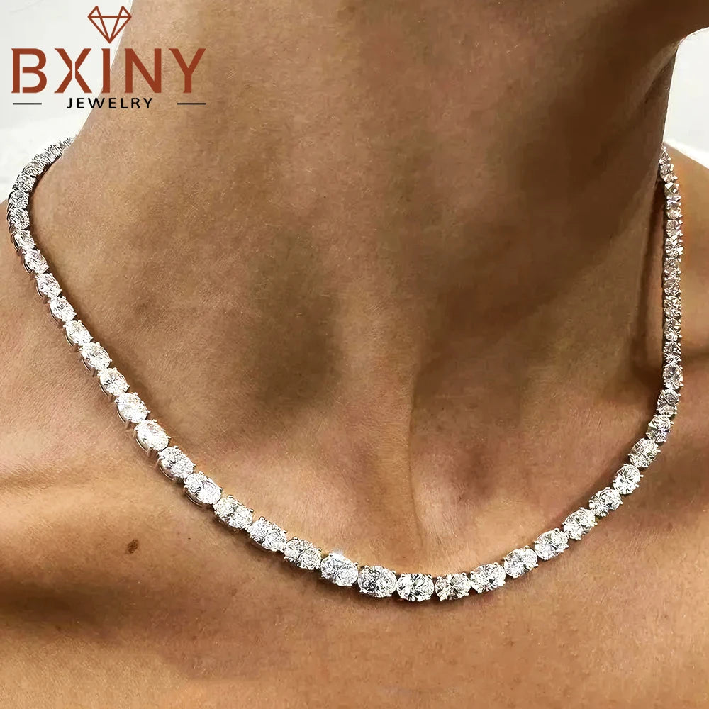 BXINY East West Oval Cut Moissanite Tennis Necklace S925 Silver 0.3-1.5CT Diamond Choker for Women Men Wedding Gift Fine Jewelry