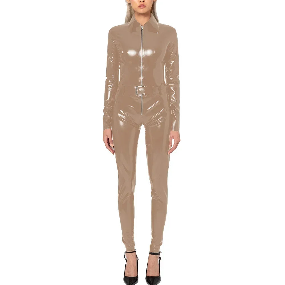 Plus Size Faux Latex Catsuit Elastic PVC Leather Zipper Long Sleeve Jumpsuit Tight Sexy Cosplay Rompers Ankle-length Club Zentai