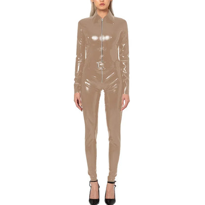 Plus Size Faux Latex Catsuit Elastic PVC Leather Zipper Long Sleeve Jumpsuit Tight Sexy Cosplay Rompers Ankle-length Club Zentai