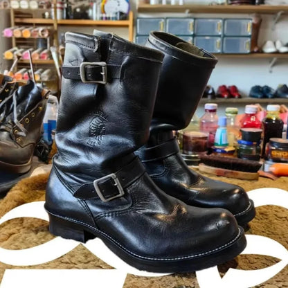 Retro Men's Genuine Leather British Long Chelsae Boots Knee High Buckle Strap Riding Botas Moto Thick Heel Engineer Boots