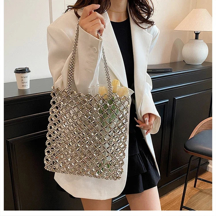 2026 Fashion Exquisite Bead Sense of Luxury Hollow Out Women‘s Handbags Hot Sale New No Zipper Acrylic Square Shoulder Bags