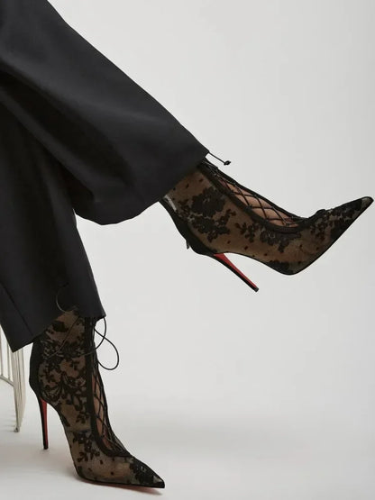 2026Spring and Summer Pointed Black Mesh Fine High Heels Knee Length Cool Boots Embroidered Lace Up Party Wedding Women's Boots