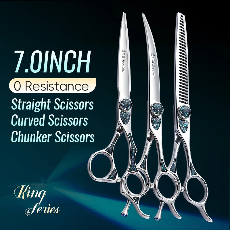 Fenice King Series 7/7.5Inch VG10 Shell Bearing Screws Dog Trimming Grooming Straight Curved Thinner Chunker Pet Scissors Tools