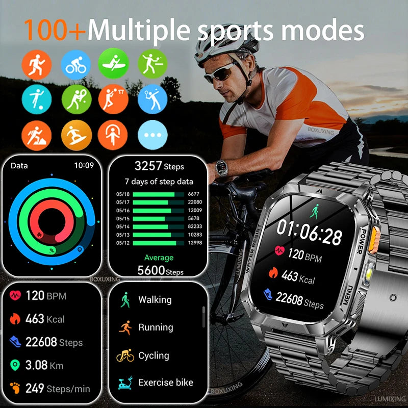 New 1400 mAh Battery Military Smartwatch Men IP68 Waterproof Flashlight Health Monitor Sports Call Smart Watch For iOS Android