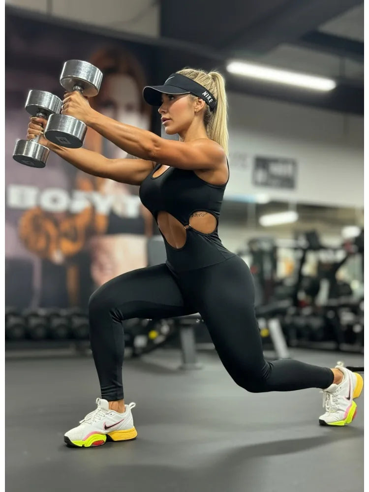 Gymdolphin Women's Solid Black Waist Cutout Sports Jumpsuit 2026 Summer Sexy Fitness Yoga Jumpsuit Activewear Rompers