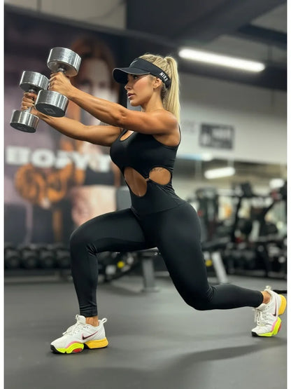 Gymdolphin Women's Solid Black Waist Cutout Sports Jumpsuit 2026 Summer Sexy Fitness Yoga Jumpsuit Activewear Rompers
