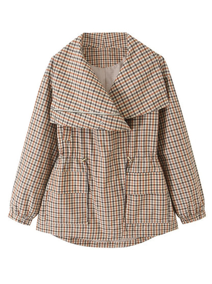 Women Casual Plaid Short Trench Coat Lapel Double Breasted Belted Waist Loose Long Sleeve Checkered Jacket Autumn Windbreaker
