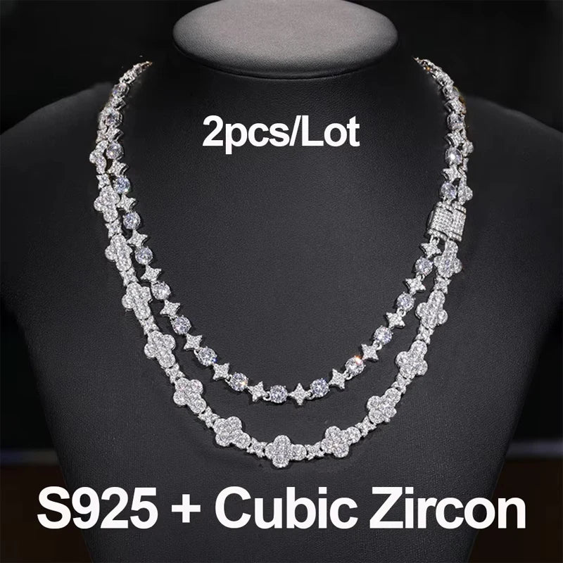 2pcs 925 Sterling Silver Star Round Cross Moissanite Tennis Chain Necklace For Women Men Couple Hip Hop Jewelry For Christmas