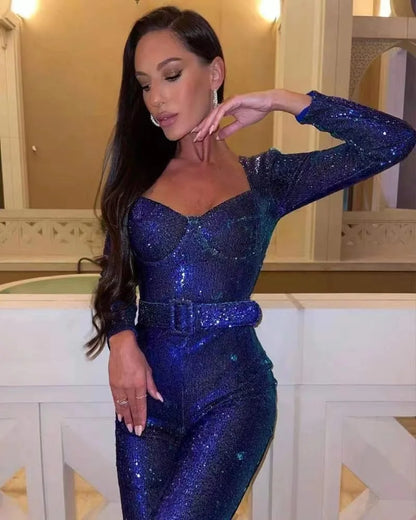 Jumpsuits Women Sequin One Piece Floor Length Pant Overalls Full Sleeve Bodycon Party Night Rompers Splice High Waist Belt