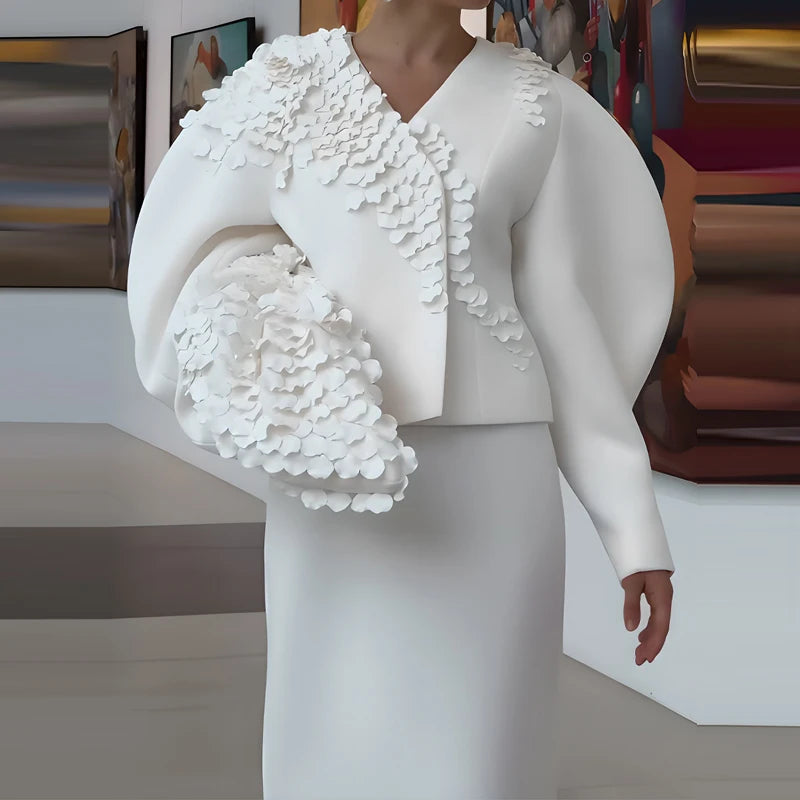 Elegant V-neck Coat & Half Skirts Outfits Women Casual Puff Sleeve Long Skirt Suits Fashion Petals Decoration Solid 2 Piece Sets