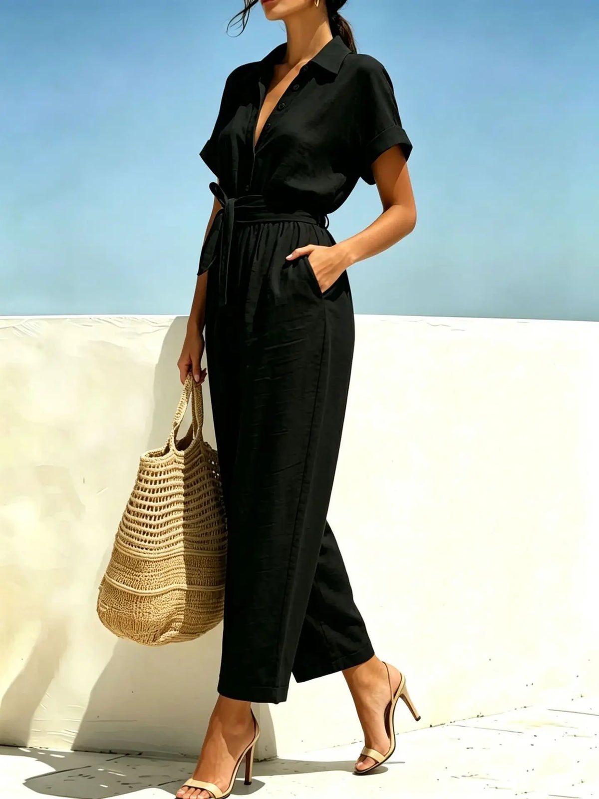 2026 Women's Shirts And Jumpsuits Fashion V-neck Lace Up Wide Legs Summer Casual Resort Female Short Sleeve Rompers Shirts Pants