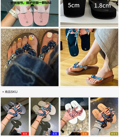 Square Rhinestone Flip-Flops Popular in Ins Summer Blingbling Star Street Shooting Slope Heel Slippers Women Flat Beach Slippers