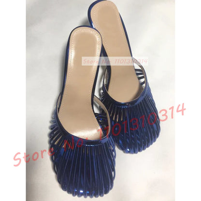Cage Round Toe Metallic Mules Women New In Sexy Luxury High Heel Shoes Female Thin Strap 2023 Summer Elegant Chic Solid Slippers