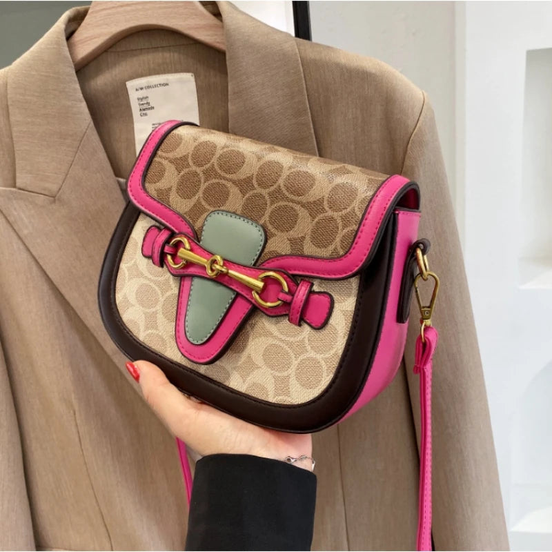Women Retro Print Saddle Crossbody Bag Luxury Horse Bit Buckle Small Shoulder Bag Fashion PU Leather Ladies Daily Handbag
