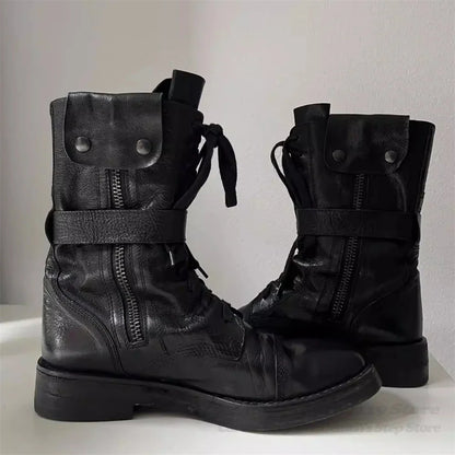 Retro Round Toe Black Leather Workwear Boots Men Rivets Belt Buckles Side Zipper Straps Punk Style Motorcycle Riding Boots