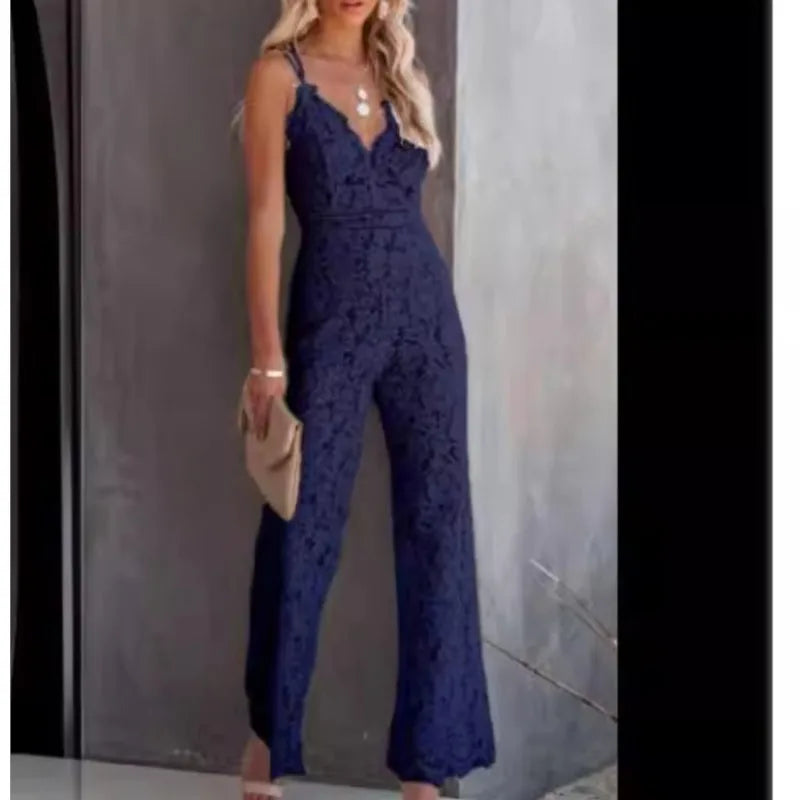 Ladies Elegant Jumpsuits Spaghetti Straps V-Neck Solid Lace Backless Sexy Jumpsuit For Women Simple White Slim Office Rompers