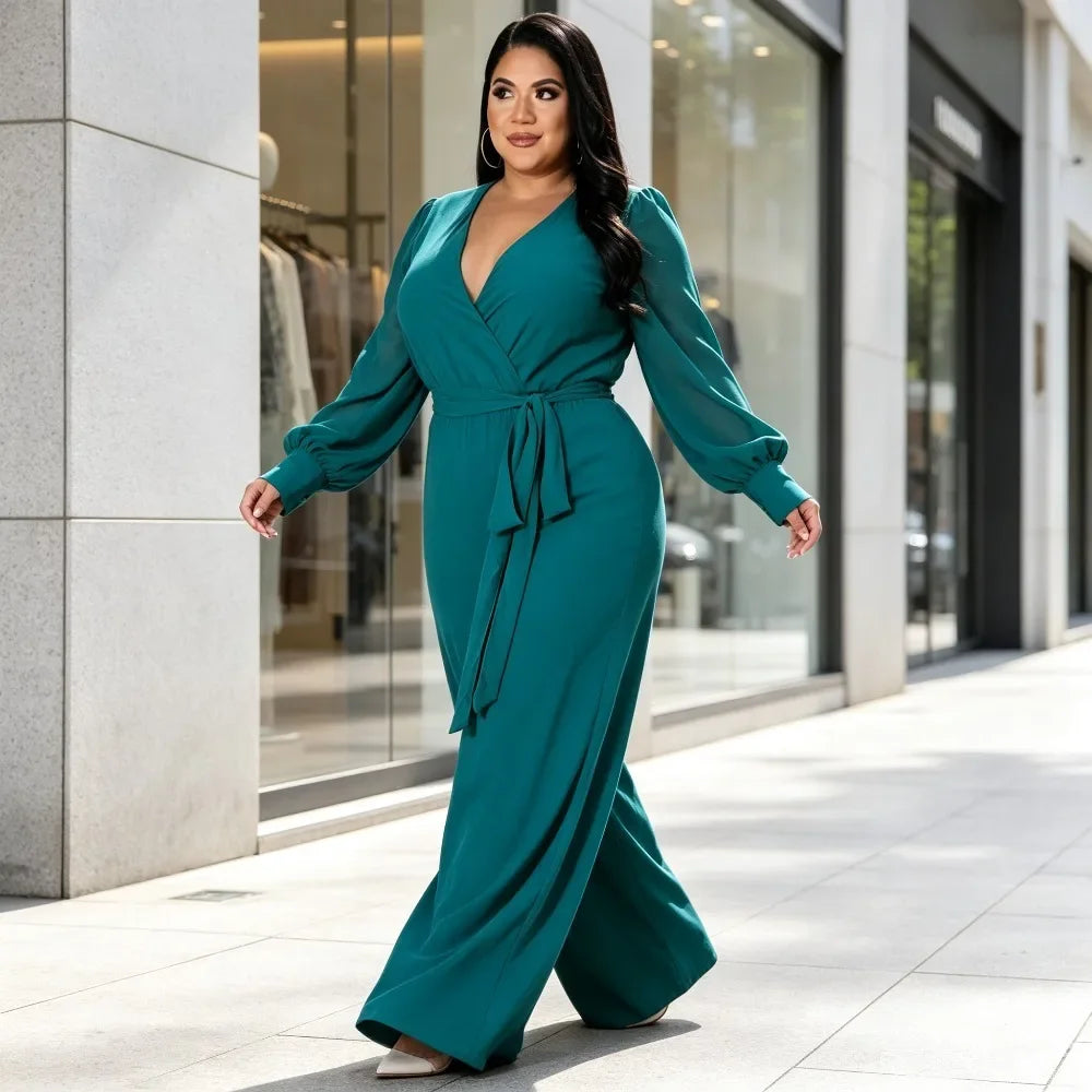 OverSize Womens Loose Solid V Neck Jumpsuit Straight Leg Design Adjustable Tie Waist Belt Elegant Casual And Work Outfit