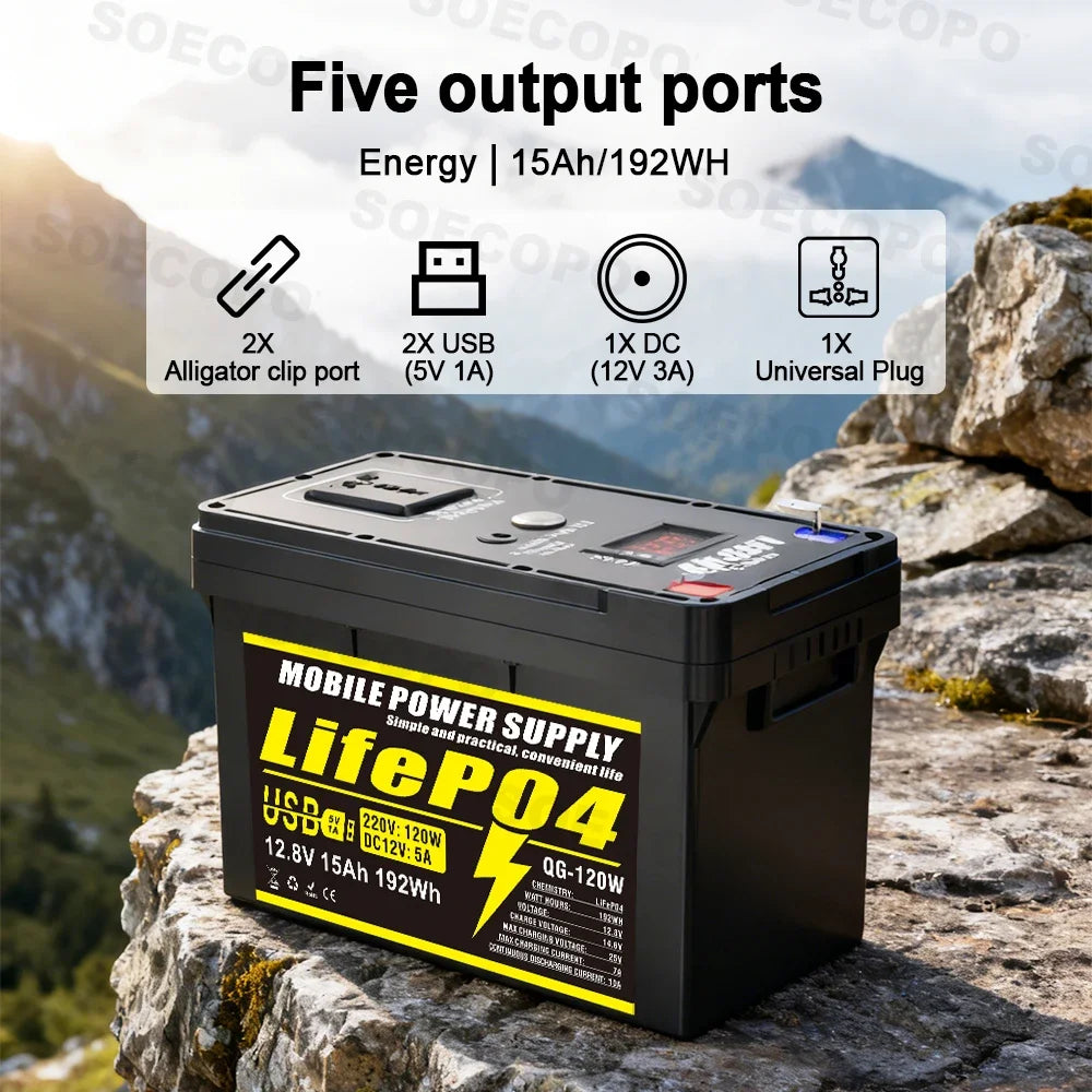 SOECOPO 12V 15Ah Portable Lithium Iron Phosphate Battery Emergency with Plug and Play Universal Socket 2 X USB for RV Camping