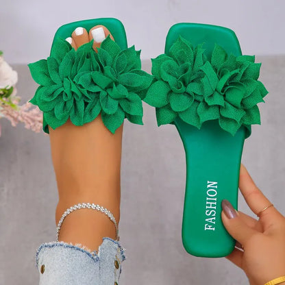 Women Flat Slippers 2026 Summer New Solid Color Sandals Flowers Open Toes Slippers Casual Fashionable Beach Shoes Slides Women