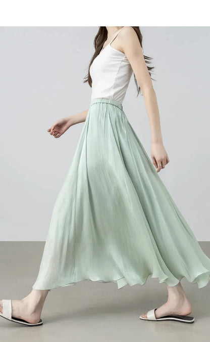 SENTUBILA Women's Summer Skirt 2026 Elegant Elastic Waist Sheen Flowy A Line Long Skirt for Woman Ladies Clothes 162QG4909