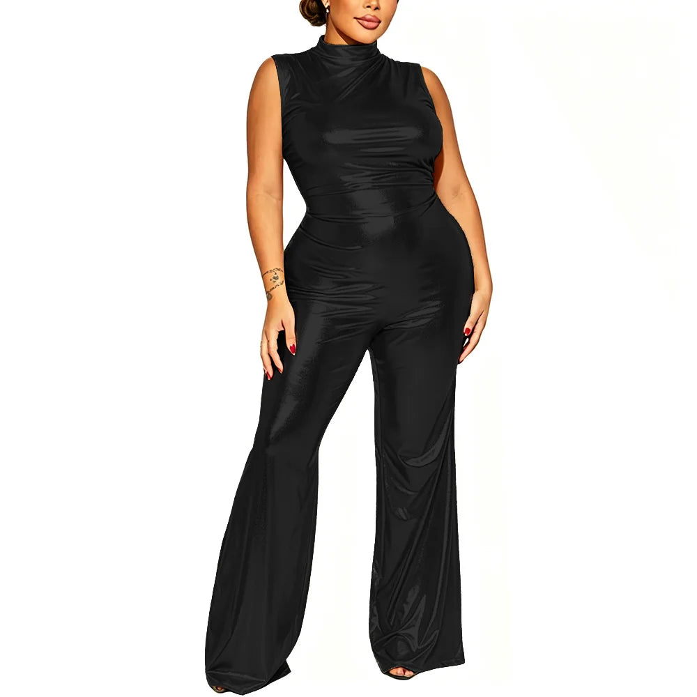 Plus Size Nightclub Wear Jumpsuit Shiny Metallic Sleeveless Women Elegant Jumpsuit Sexy Mock Neck Rompers Wide Leg Long Pants