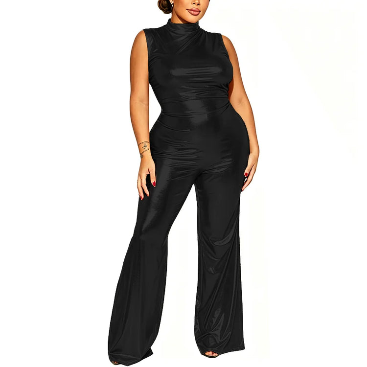 Plus Size Nightclub Wear Jumpsuit Shiny Metallic Sleeveless Women Elegant Jumpsuit Sexy Mock Neck Rompers Wide Leg Long Pants
