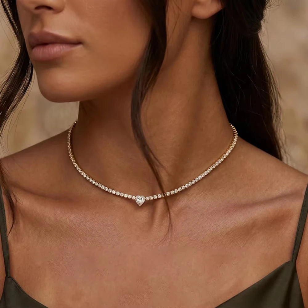 All Moissanite Tennis Necklace for Women Men Sparkling D Color 1ct Heart Cut Pendant Necklace S925 Sterling Silver Chain Jewelry