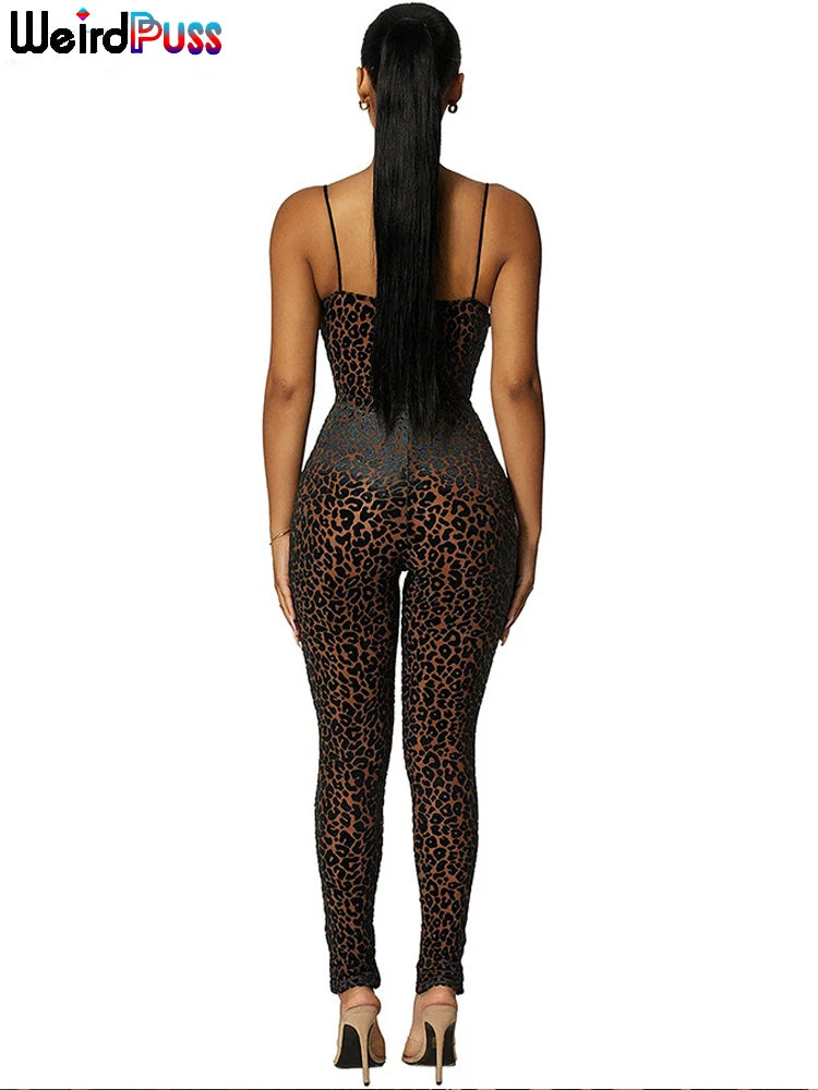 Weird Puss Leopard Print Sexy Skinny Women Jumpsuit Sleeveless Backless Fit Workout Activewear Party Nightclub Stretch Outfits