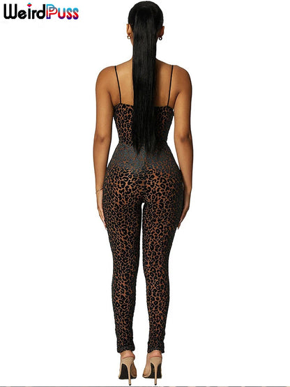 Weird Puss Leopard Print Sexy Skinny Women Jumpsuit Sleeveless Backless Fit Workout Activewear Party Nightclub Stretch Outfits