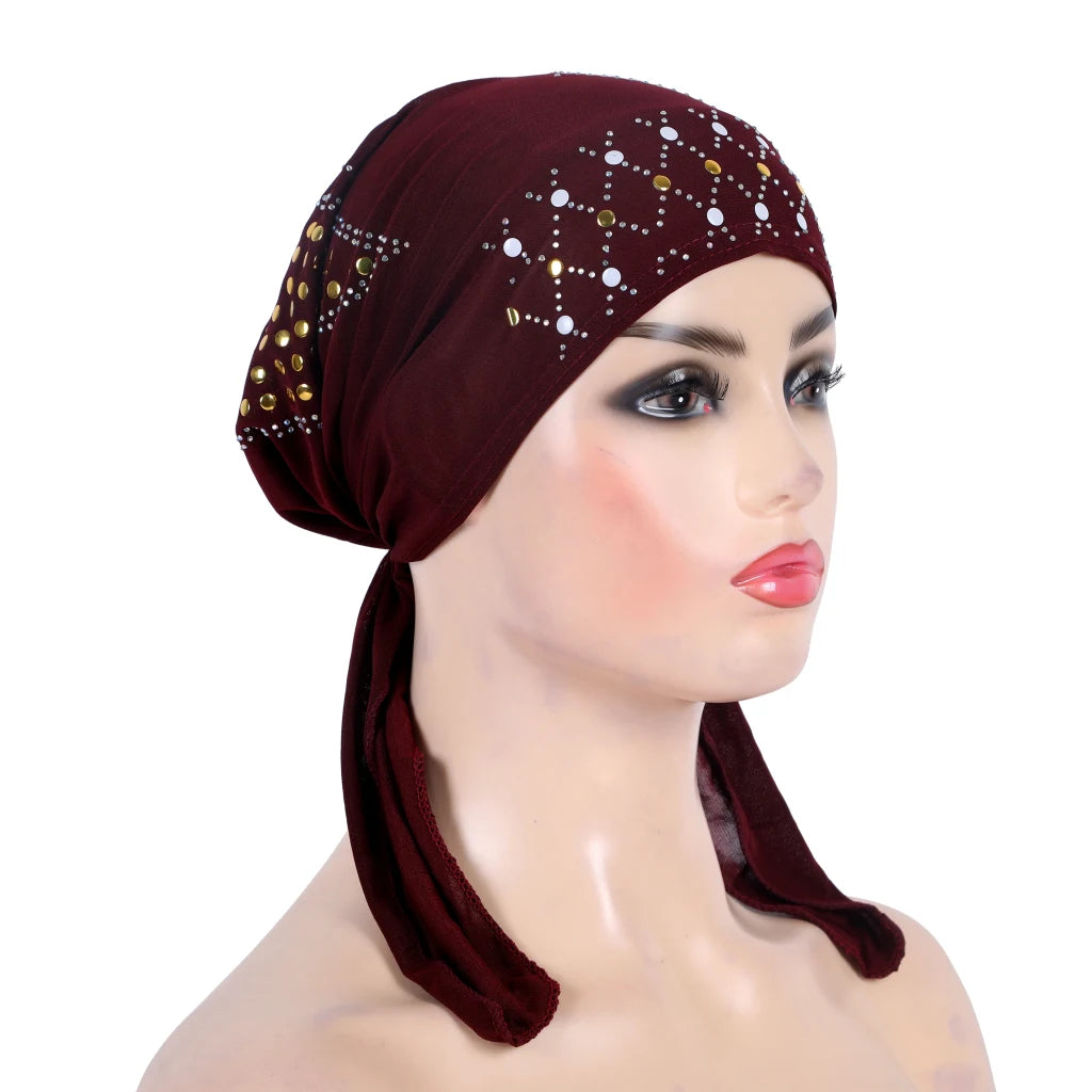 H089 Fashion turban hijab with gold sequins muslim hijab scarf islamic headscarf hat amira pull on headwrap